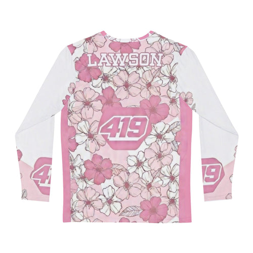 Pink blossom all-over print long sleeve shirt by Printify, featuring a vibrant floral design.