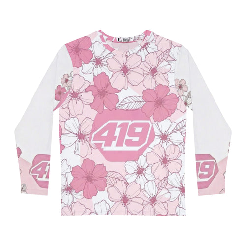 Pink blossom all-over print long sleeve shirt by Printify, featuring a vibrant floral design and relaxed fit.
