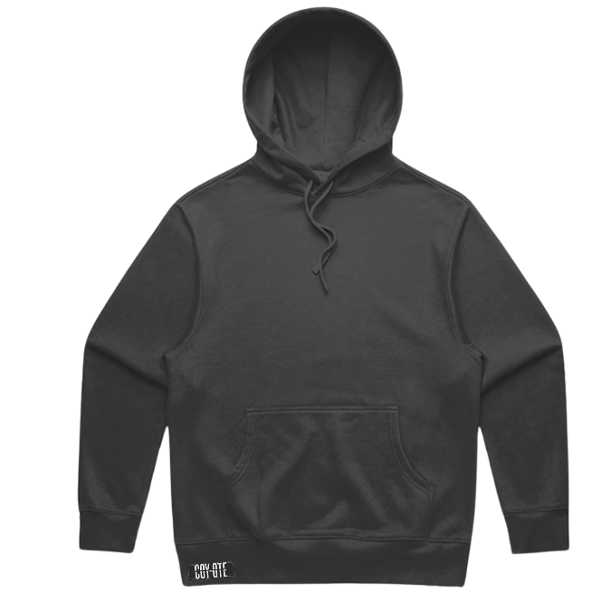 Apliiq Classic Coy-Ote Heavy Hoodie in black with a front pocket and hood, displayed on a plain background.