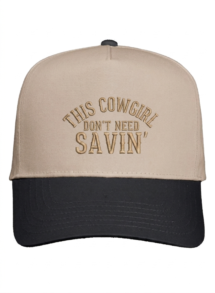 Apliiq Cowgirl Don't Need Saving hat with wide brim and embroidered design, beige color, stylish western-inspired accessory