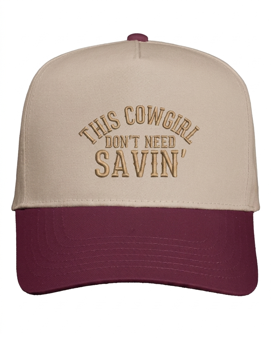 Apliiq Cowgirl Don't Need Saving hat in black with embroidered white text, stylish cowboy-themed accessory.