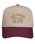 Apliiq Cowgirl Don't Need Saving hat in black with embroidered white text, stylish cowboy-themed accessory.