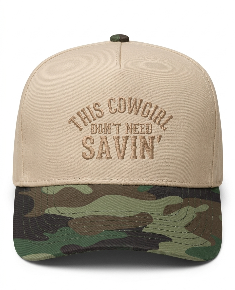 Apliiq Cowgirl Don't Need Saving hat, stylish wide-brim cowboy hat in natural tones with decorative band, casual Western fashion accessory